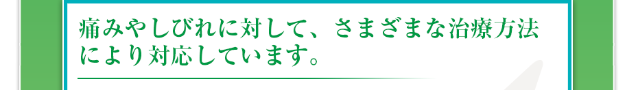 痛みやしびれに対して、さまざまな治療方法により対応しています。